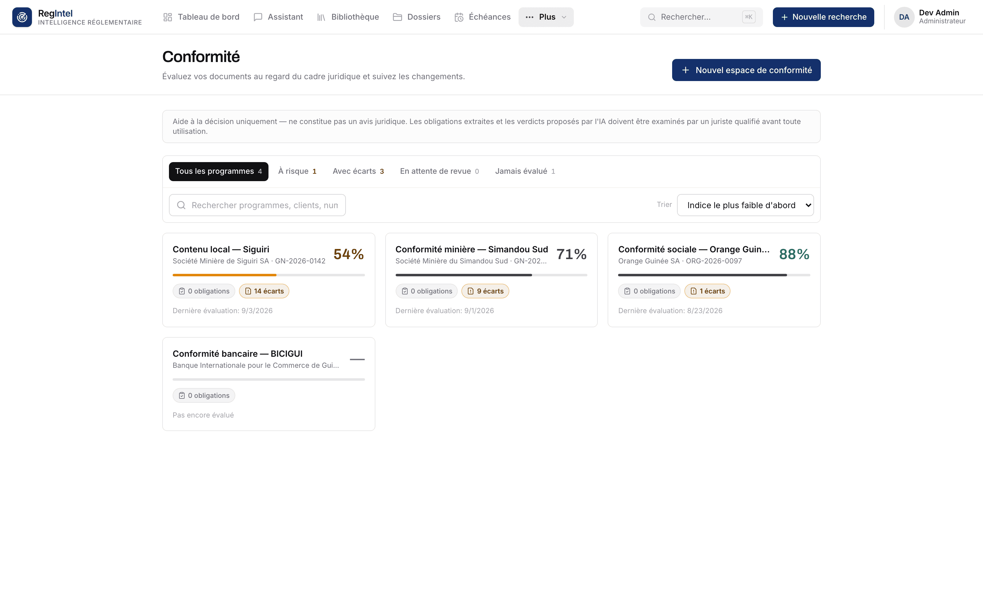 Un programme de conformité avec ses obligations et son indice calculé